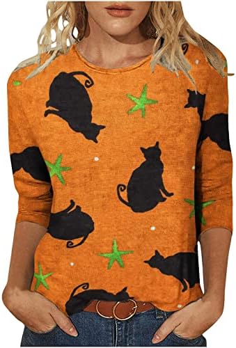 Women Festival Halloween Brunch Tshirts 3/4 Manga Top T camisetas Crewneck Pumpkin Bat Cat Logo Fit