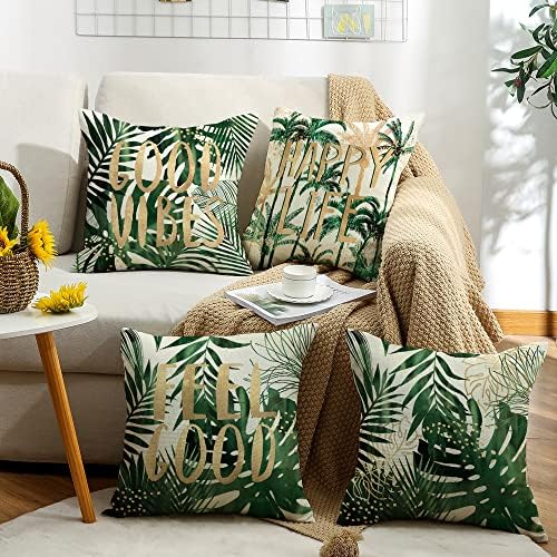 Eeatour Green tropical folhas de linho Tampas de travesseiro de linho conjunto de 4 folhas tropicais decoração 18x18 polegadas
