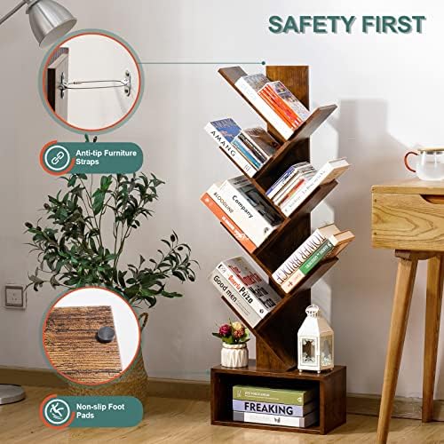 Yoobure Tree Bookshelf - estante de estante de 6 prateleiras de piso retro, estante de armazenamento de livros de madeira alta para CDs/filmes/livros, prateleiras organizadoras de livros de serviços públicos para quarto, sala de estar, escritório em casa, marrom rústico marrom