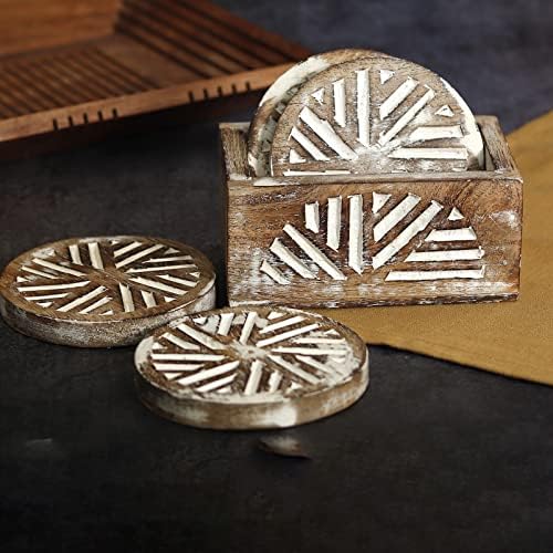 Coasteres de madeira brancos rústicos Shilppam Conjunto de 4 com suporte, tampos de mesa de madeira de manga, designs
