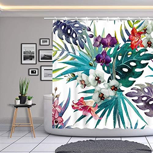 Rosielily Floral Chuser Curtain Sets, cortina de banho de poliéster à prova d'água, folha de palmeira tropical com cortina