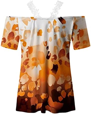 Camisetas pullover feminino primavera no verão de renda estampada casual manga curta V camiseta de pescoço blusa