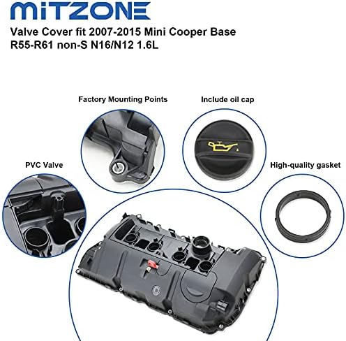 Tampa da válvula da cabeça do cilindro mitzone Compatível para 2007-2015 Mini Cooper Base R55-R61 Non-S N16/N12 1.6L Substitua # 11127646554