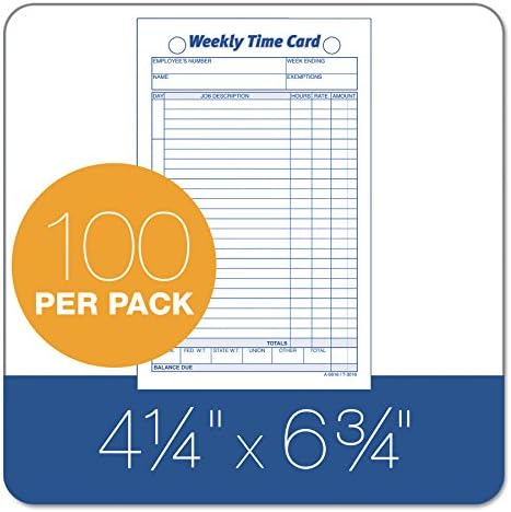 Tops semanalmente cartões de tempo dos funcionários, um lado, 4,25 x 6,75, 100/pacote