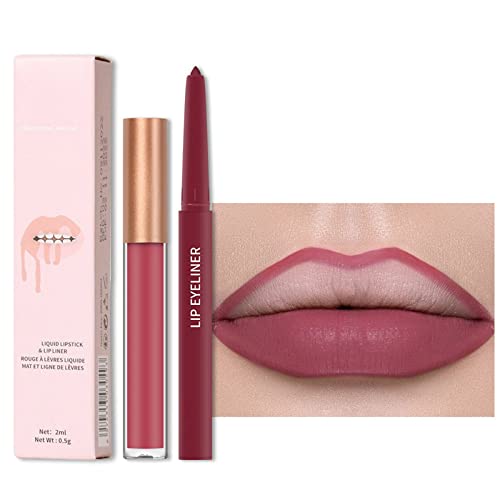 WGUST 2PCS Lip Liner e Lipstick Makeup Conjunto 1 batons líquidos aveludados + 1 correspondência de kits de maquiagem de lábios lisos de etapa lisa de lábios