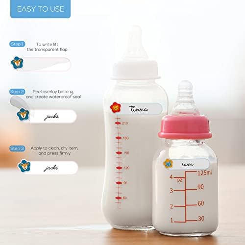 Easykart Baby Bottle Rótulos para creche, auto-laminação e nomes de gravação à prova d'água, tamanhos e cores variadas, pacote de 120 adesivos
