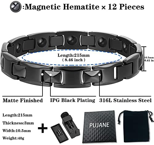 Pulseiras magnéticas pujane para homens mulheres, 316l de aço inoxidável compensado com ímãs de hematita, presente de jóias de energia magnética com ferramenta de ajuste