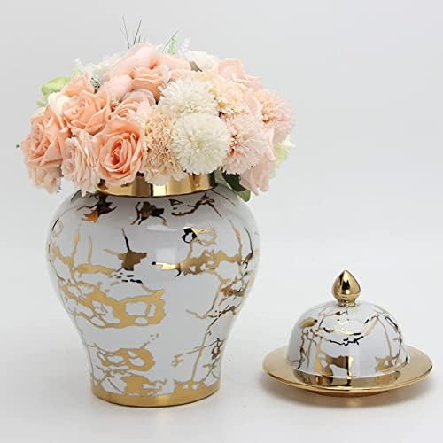 CNPRAZ Gold e vasos de cerâmica branca Jarros de gengibre com tampa para decoração de casa, templo jar vaso de armazenamento