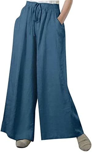 Calças de pernas largas de calças largas para mulheres para mulheres elásticas da cintura elástica da cintura elástica as jogadoras com bolsos