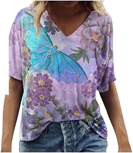 Tops de verão para mulheres t-shirt t-shirt Floral Impresso de manga curta Camisetas casuais de decote em V Casual