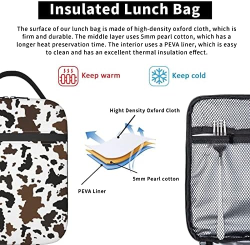 Tiehrpr moda vaca estampa reutilizável lancheira isolável saco de calças de resfriador unissex alça de lancheira para escritório/caminhada/camping/piquenique/praia