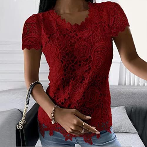 Mulher camiseta de renda feminina Top Crochet Crew pescoço de manga curta Moda de verão Loose Tee Casual Blusa