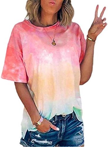 Fzylqy Mulher feminina de manga curta Camisetas coloridas coloridas impressão de bloco colorido tops casuais blusas soltas camisetas
