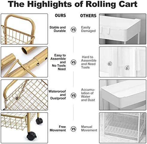 MNOPQ 3 MSH ROLOTENS CART, carrinho de organização de metal de ouro com rodas trancáveis, carrinho de serviço de carrinho