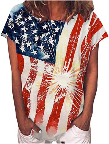 Top camiseta para mulheres outono verão de manga curta de luvas de algodão American Flag Graphic Casual Camise HP HP