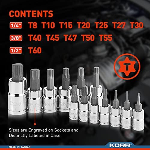 Korr Tools KSS004 13PC Torx Bit Socket Set, tamanhos de T8 - T60 | Unidade de 1/4 de polegada, 3/8 polegadas e 1/2 polegada