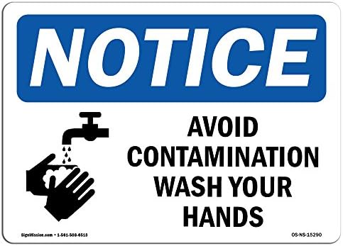 Sinal de aviso de OSHA - Aviso Evite a contaminação Lave as mãos | Decalque da etiqueta de vinil | Proteja seu negócio, canteiro de