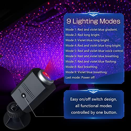 Usb Star Projector Night Light, 3 cores 9 modos de iluminação, luzes interiores de carro romântico ajustáveis ​​portáteis, decoração