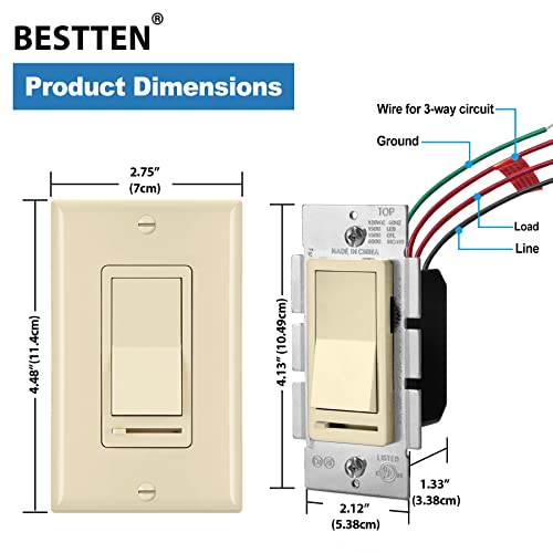 [2 pacote] Bestten Ivory Dimmer Wall Light Switch, polo único ou 3 vias, compatível com lâmpadas LEDs diminuídas, incandescentes,