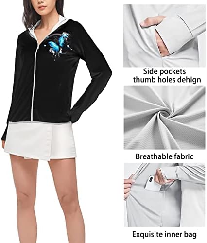 Doginthehole feminino UPF 50+ Proteção solar Capuz de manga comprida Capuz de camisetas ativas Zip Jacket com bolsos