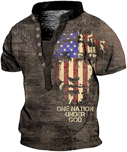 Camisa Pacote Americano masculino 4 de julho Dia Independente 3D impressão Henley Tir shirt Botão de manga curta Tops escuro