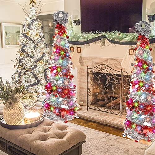FUNPENY 5 pés Pop -up Christmas Tree com 50 LED String Light, Tree de lápis de tinsel artificial iluminada com timer, bateria operada por bateria Decoraiton externo para a decoração de festa em casa, branco e vermelho