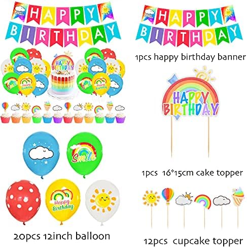 Rainbow Birthday Party Balloons Banner de feliz aniversário, balões de arco -íris, toppers de bolo para mulheres meninas