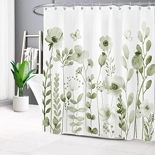 Cortina de chuveiro floral scecala boho para banheiro para banheiro aquarela verde planta planta floresta botânica cortinas de chuveiro