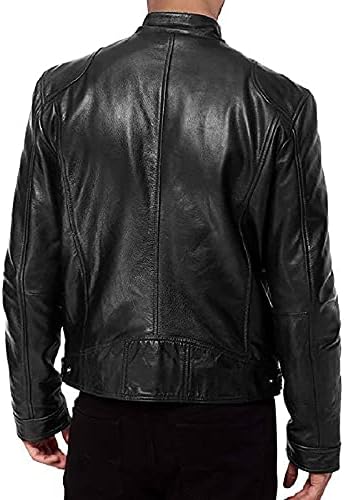 Mens Classic Pleated Leather Jacket Splicing Zipper Stand Gollar Imitation Tops