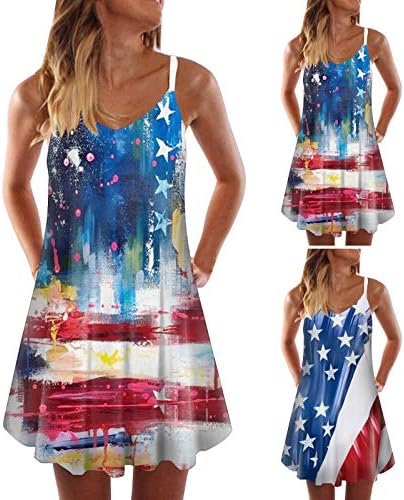 Balakie feminino 4 de julho American Flag T-shirts Dress Dress Summer Casual Beach Dress com bolsos