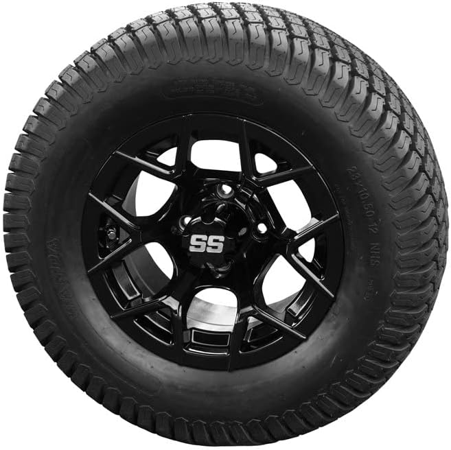 Peças hardcore 12 Black 'Rally' Golf Cart Wheels e 23 x10.5 -12 pneus de gramado - conjunto de 4, inclui tampas centrais