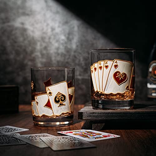 Cartões de jogo bebendo copos - Artisanal Painted Painted Painted Casino Conjunto de 2 copos de água, vinho e uísque -