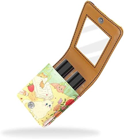 Bolsa de batom de batom de maquiagem de oryuekan com espelho portátil de armazenamento de batom portátil Organizador de armazenamento de brilho labial, desenho animado Adorável animais gatos de primavera