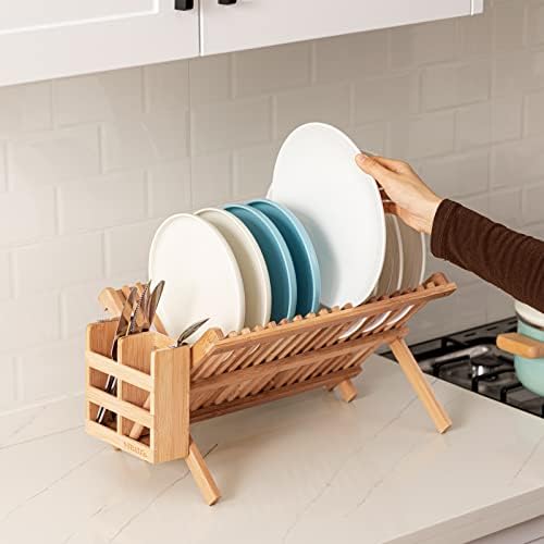Rack de prato hblife, bambu dobrável de 2 camadas de escreção de escorriner rack com utensílios de talheres de utensílios