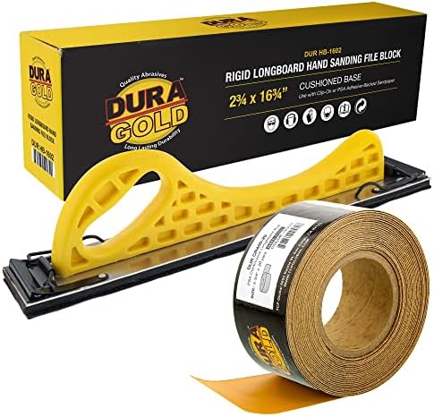 Dura-Gold Pro Série Longboard Lixing Hand Lixing Block-Gancho e backing de loop e adaptador de apoio PSA Pad & 400 Grit PSA Longboard Roll 20 jardas, 2-3/4 de largura