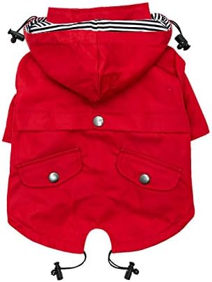 Capa de chuva de cachorro com zíper vermelho com botões refletivos, bolsos, resistência à água, cordão ajustável, capuz