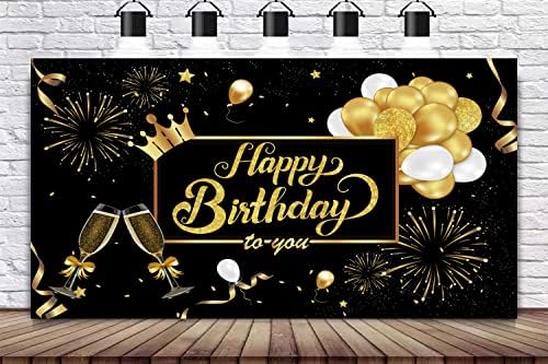 Wanby Birthday Banner Black Gold Happy Birthday Banner Party Decoration Banner Extra Grande Caso -Cenário Para Crianças Mulheres Meninas Ancião