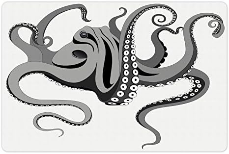 Octopus lunarable tapete de estimação para alimentos e água, monstro polvo kraken com grandes tentáculos ilustração subaquática vida marinha, retângulo de borracha não deslizante para cães e gatos, cinza preto cinza