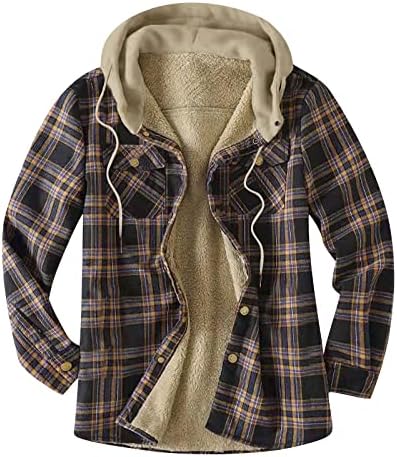 Jaqueta lineada de acolchoamento masculino, xadrez xadrez de camisa de flanela quente com capuz de veludo com capuz de mapo