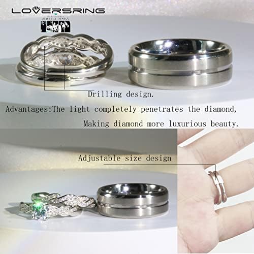 Anel de casamento de Loversring Dese promessa e seu anel de tamanho ajustável anel de casamento define o seu e o dela casais mulheres 925 Sterling prateado redondo CZ Man Titanium Wedings Wands