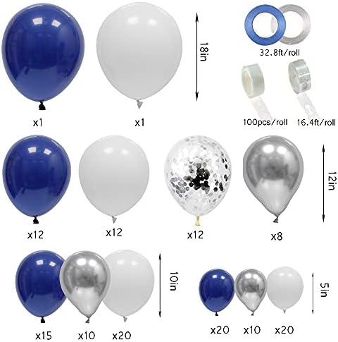 Julliz 145pcs Balões de balões de prata azul marinho, arco de balão de confetes brancos de prata azul royal para