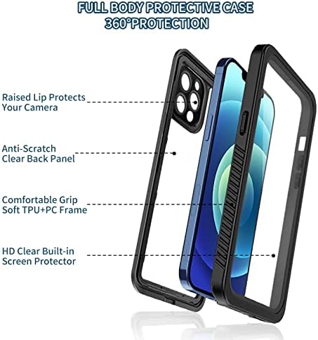 MixMart Caso à prova d'água para iPhone 12 Protector de tela embutido Proteção Full Boby Protection Anti-arranhão à prova de choque IP68 Capa de telefone à prova d'água para iPhone 12 Pro 6,1 polegadas Clear Black