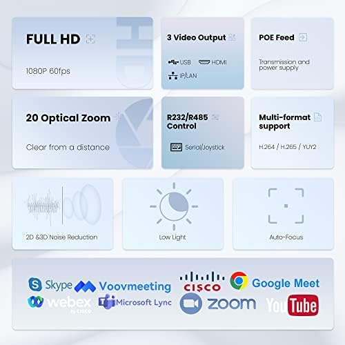 Tongveo 20x Câmera de zoom óptico PTZ, câmera USB/HDMI/LAN IP IP LIVE, câmera de conferência de 1080p 60fps para serviços de
