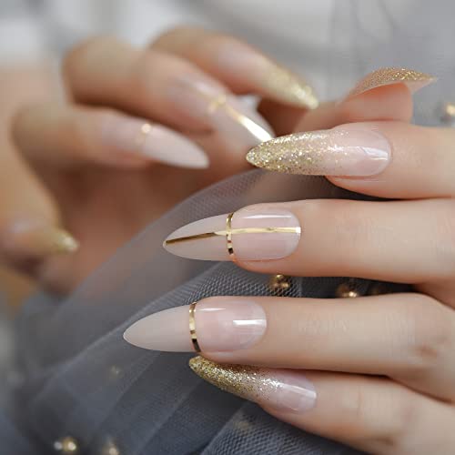 ibeautying glitter nude pressione unha com design de ouro design de amêndoa de comprimento médio acrílico reutilizável unhas falsas