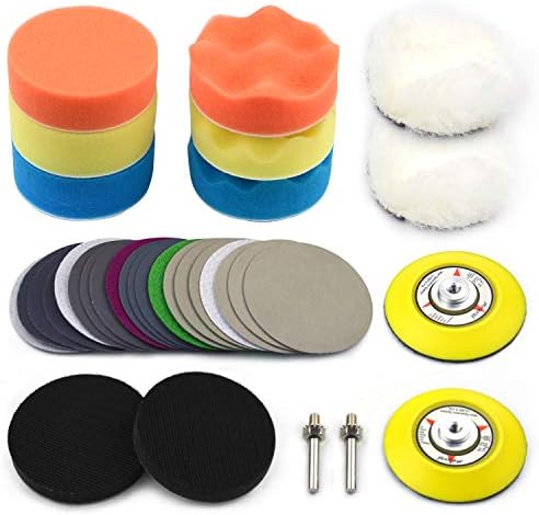 Poliwell, 3 polegadas, discos de lixamento de carros e kit de esponja de buffing com haste de haste de 1/4 de polegada + almofada de interface macia + almofadas de tampão de lã para lixar cera de polimento, total 34pcs