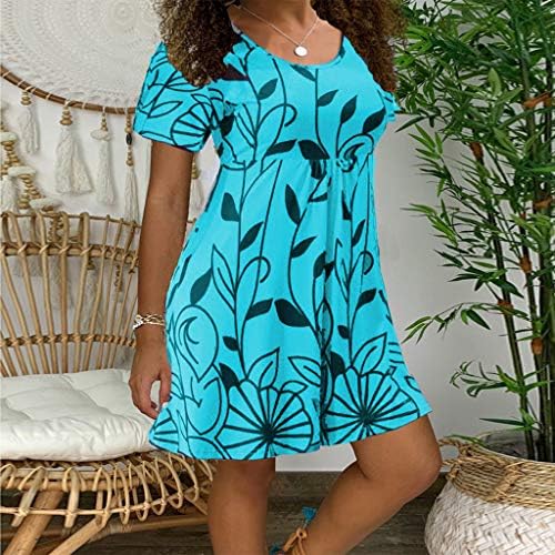 Vestidos casuais de tamanho grande feminino Summer Floral Crew Manga curta Mini vestido de túnica Flowy Flowy S-5xl