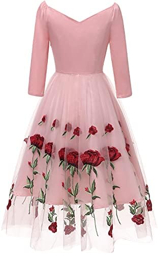 Mulheres Vintage Vintage 1950S Flor Rose Dress 3/4 Mangas Vestido de coquetel de casamentos Retro A-line Swing Party Vestres