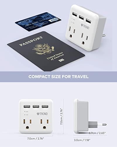 Adaptador europeu de plugue de viagens, TROND US ao Adaptador de plugue da Europa com 2 pontos de venda 3 carregador USB,