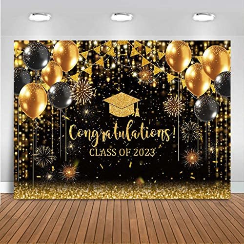 Mocsicka Black and Gold Graduação cenário 2023 Parabéns Glitter Balloons Photography Background Vinyl Class de 2023 Decorações de festa de formatura parabéns