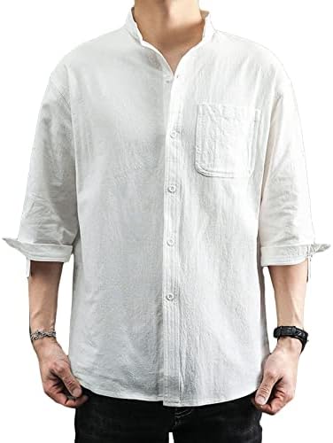 DGHM-JLMY Trendência de colarinho de stand-up da camisa de manga de cinco pontos Camisa de linho de algodão da praia Button Down Down Sirth Summer